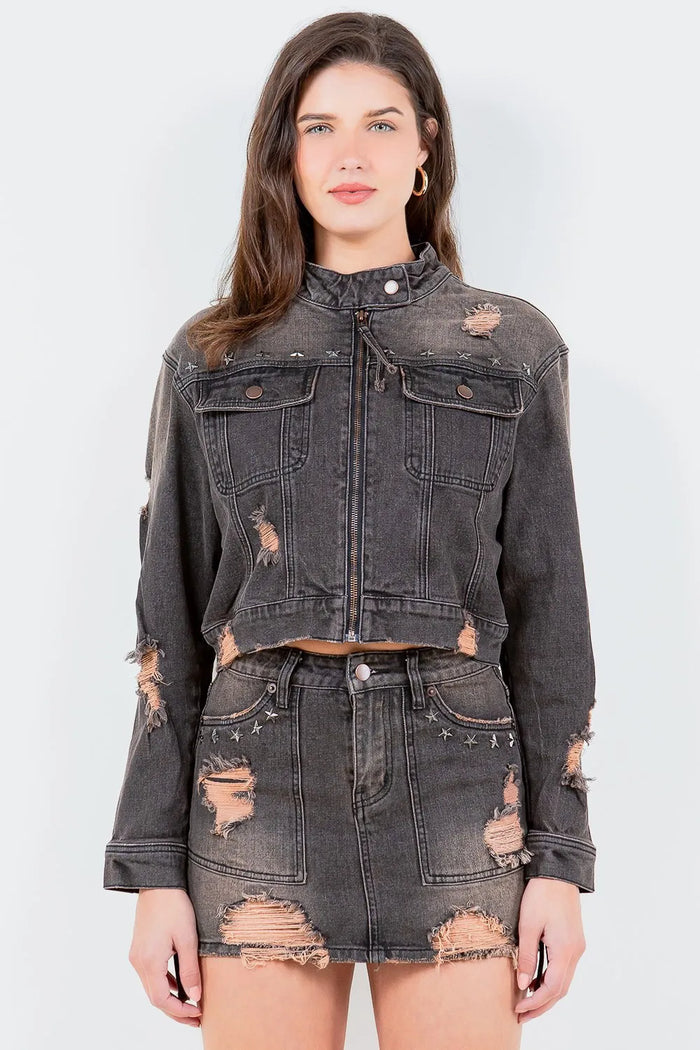 American Bazi Full Size Distressed Star Stud Trim Denim Rider Jacket Plus Size in Vintage Wash