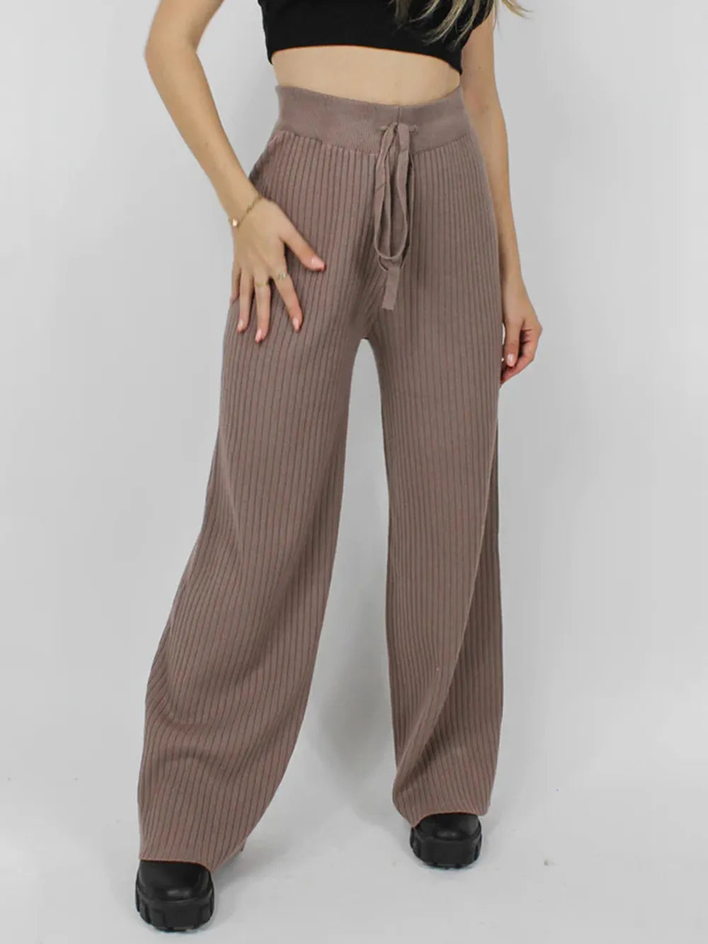 Ribbed Wide Leg Sweater Pants in Taupe