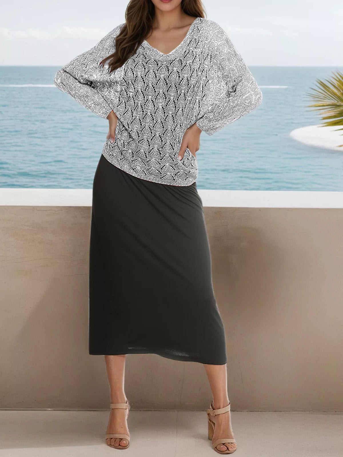 V-Neck Textured Knit Top - Lilixa.store