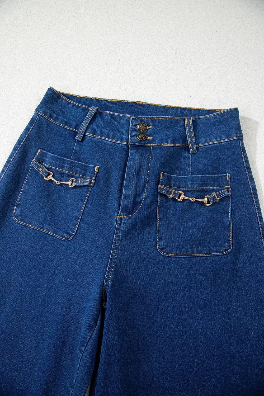 Hardware Decor Patched Pockets Wide Leg Jeans - Lilixa.store
