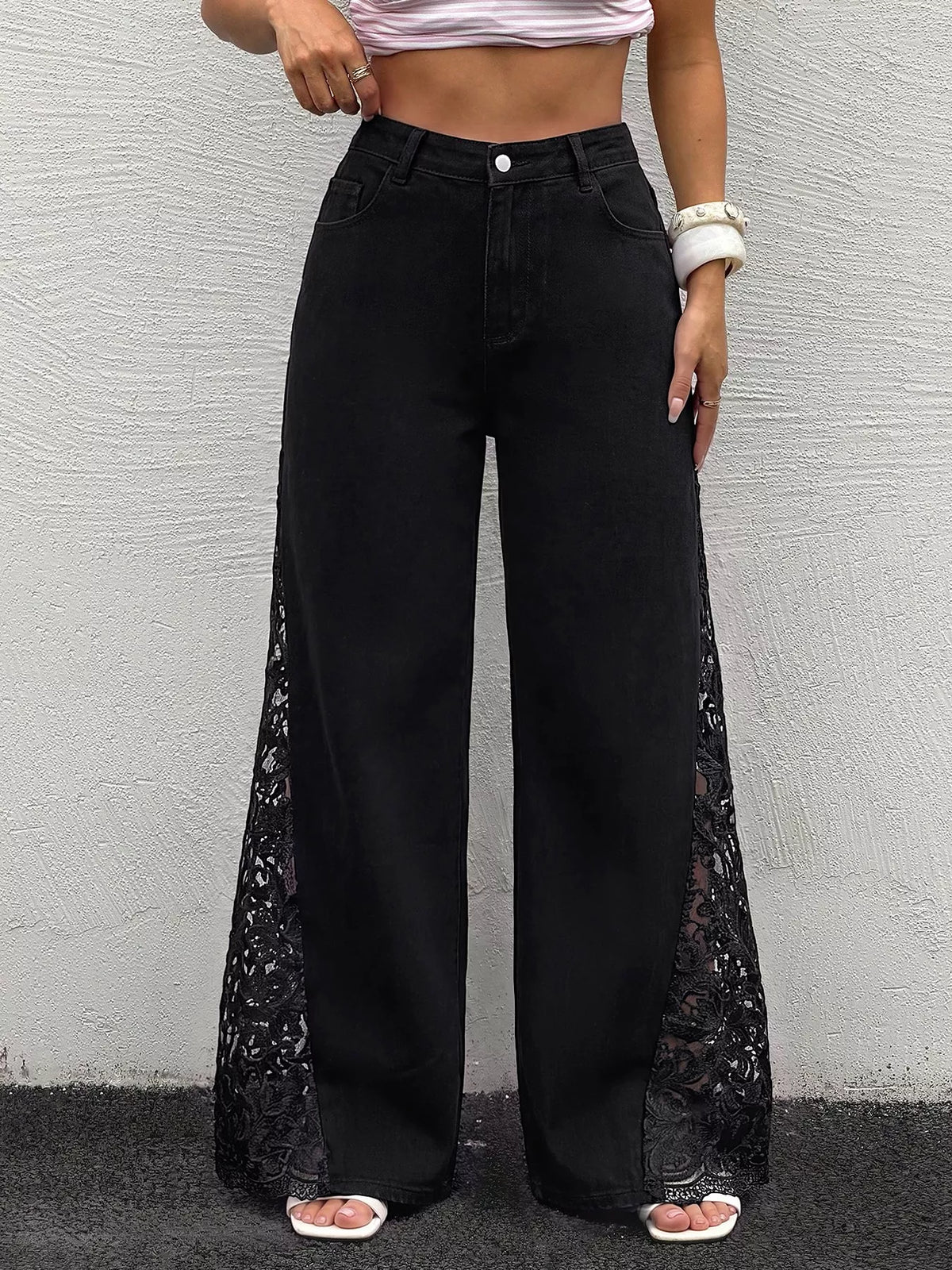 Lace Detail Wide-Leg Jeans in Black, view 4