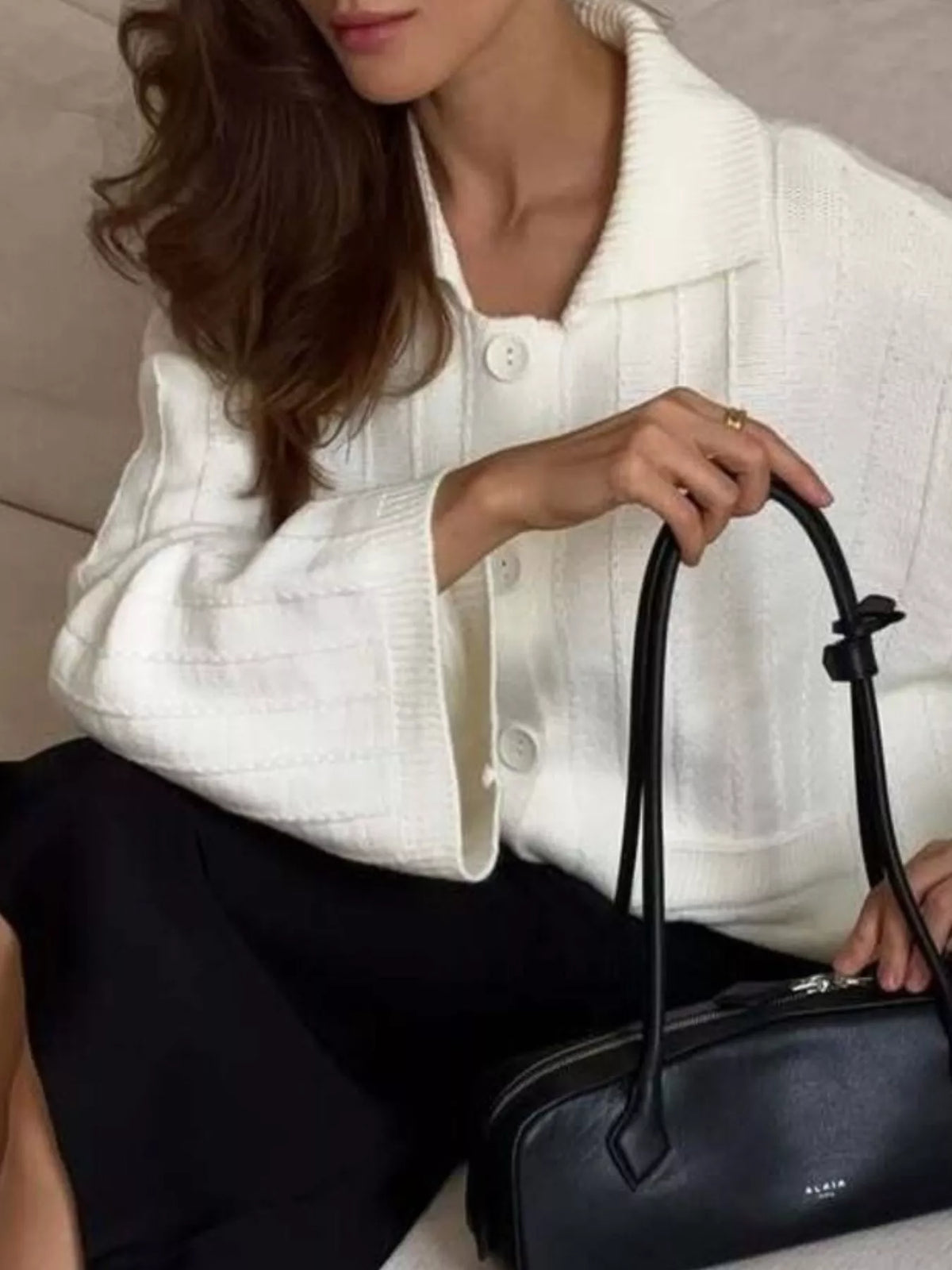 Texture Knit Cardigan with Wide Sleeves and Collar, view 6