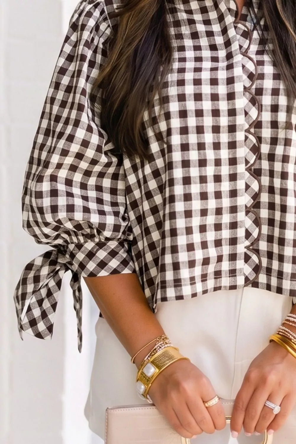 Gingham Scalloped Trim Tie Sleeve Shirt - Lilixa.store