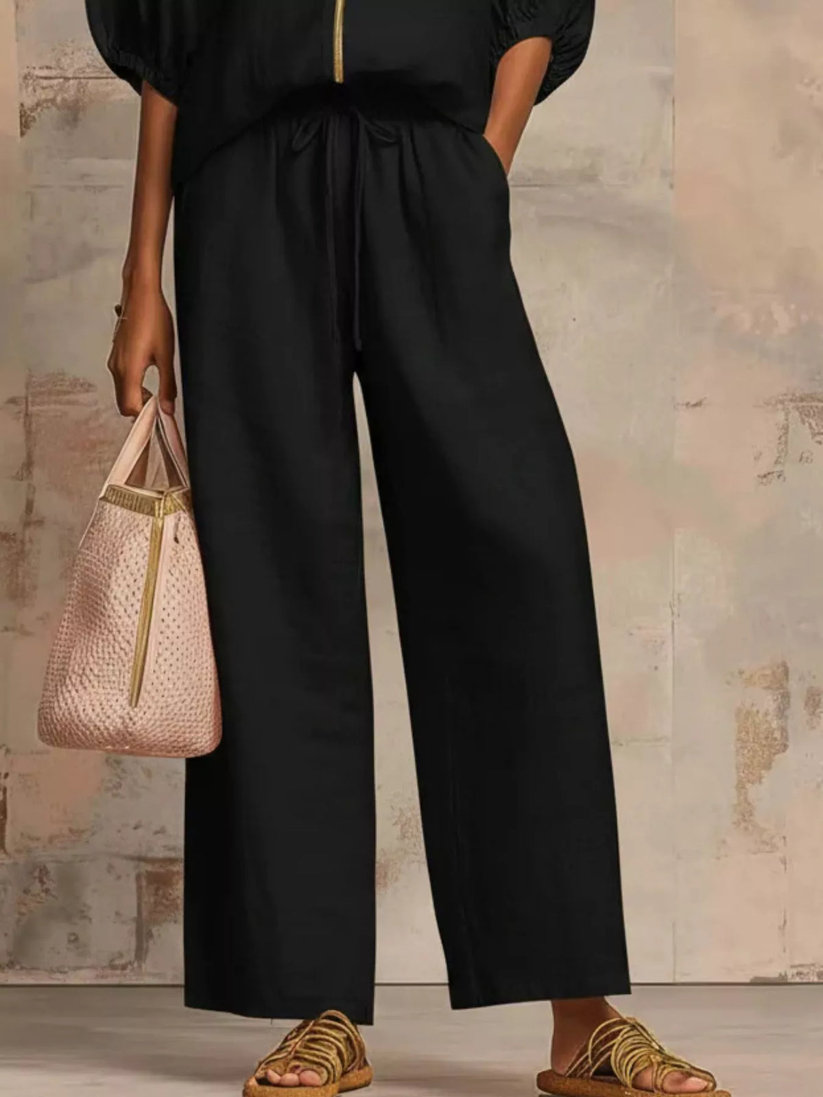 Full Size Zip-Front Top and Wide-Leg Pants Set Plus Size - Lilixa.store