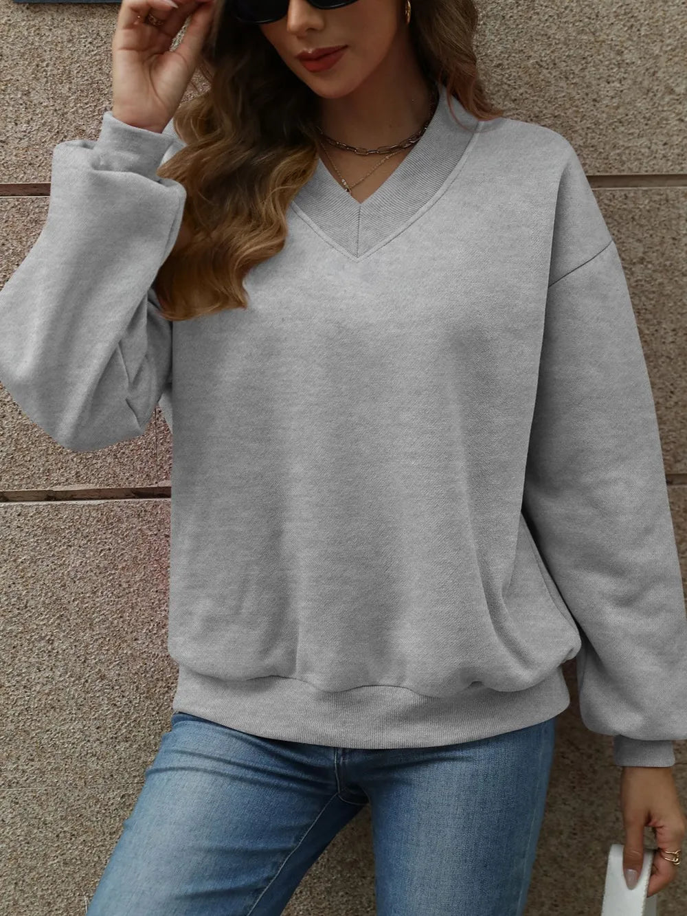 V-Neck Long Sleeve Dropped Shoulder Sweatshirt - Lilixa.store
