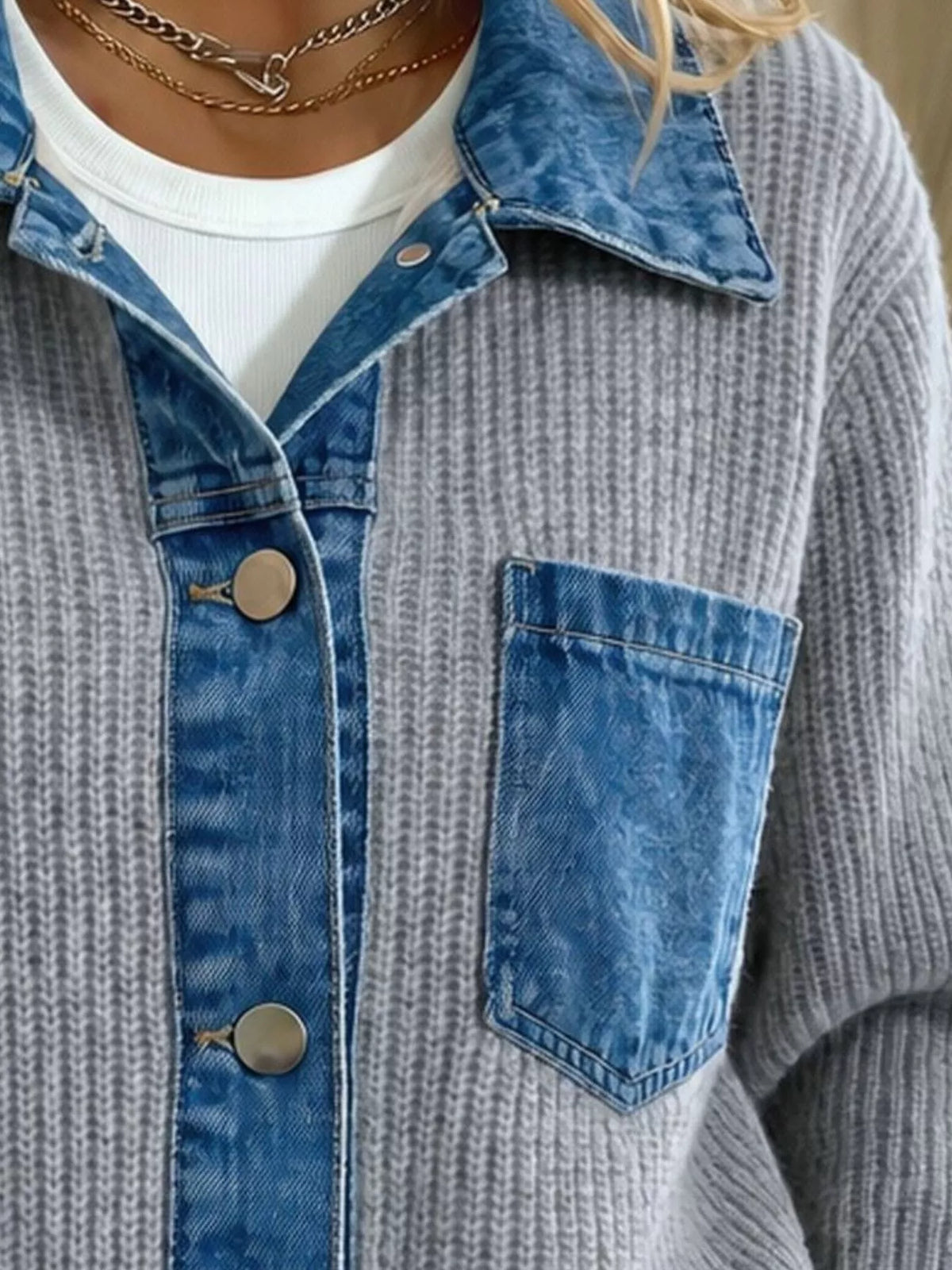 Denim Trim Button Up Cardigan - Lilixa.store