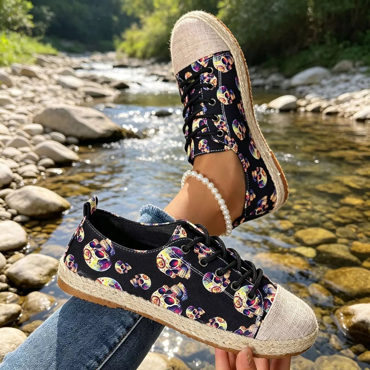 Lace-Up Flat Round-Toe Breathable Sneakers, view 2