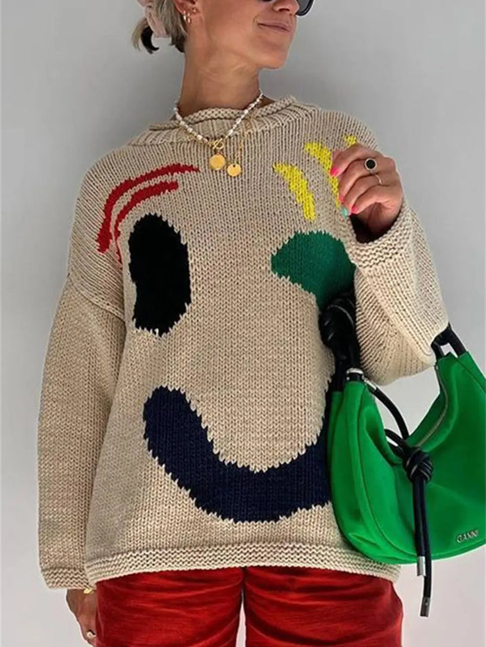 Contrast Drop Shoulder Long Sleeve Sweater in Tan