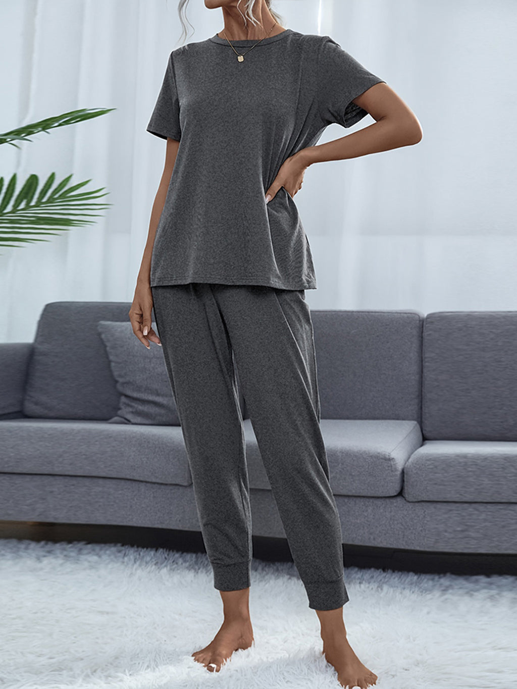 Shiny Round Neck Short Sleeve Top and Pants Set - Lilixa.store