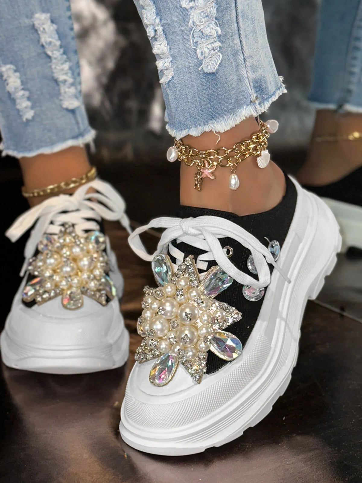 Pearl Embellished Platform Slip-Ons in Black