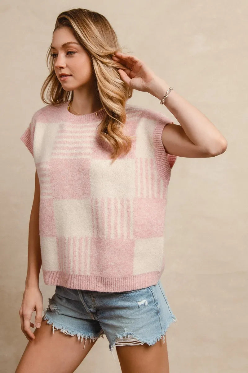 BiBi Checker With Stripes Pattern Sleeveless Sweater in Blush/Ivory, view 4