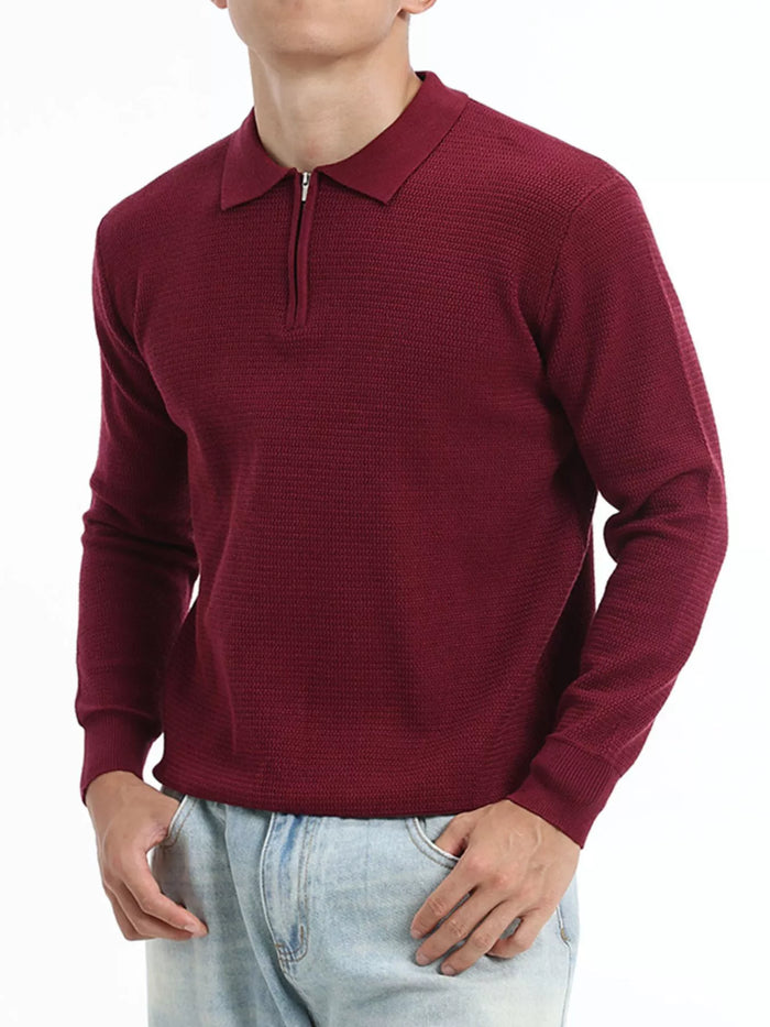 Men's Plus Size Quarter-Zip Ribbed Knit Top in Wine Red