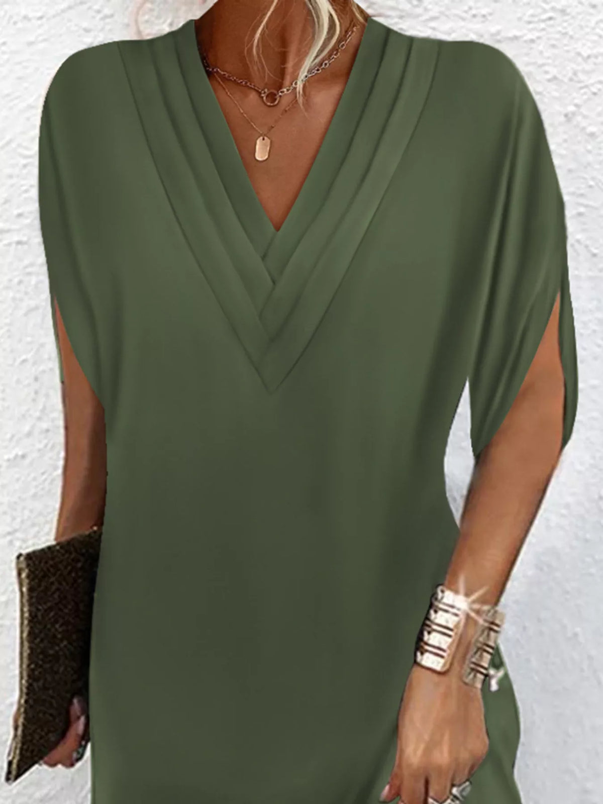 Full Size V-Neck Slit Sleeve Mini Dress Plus Size - Lilixa.store