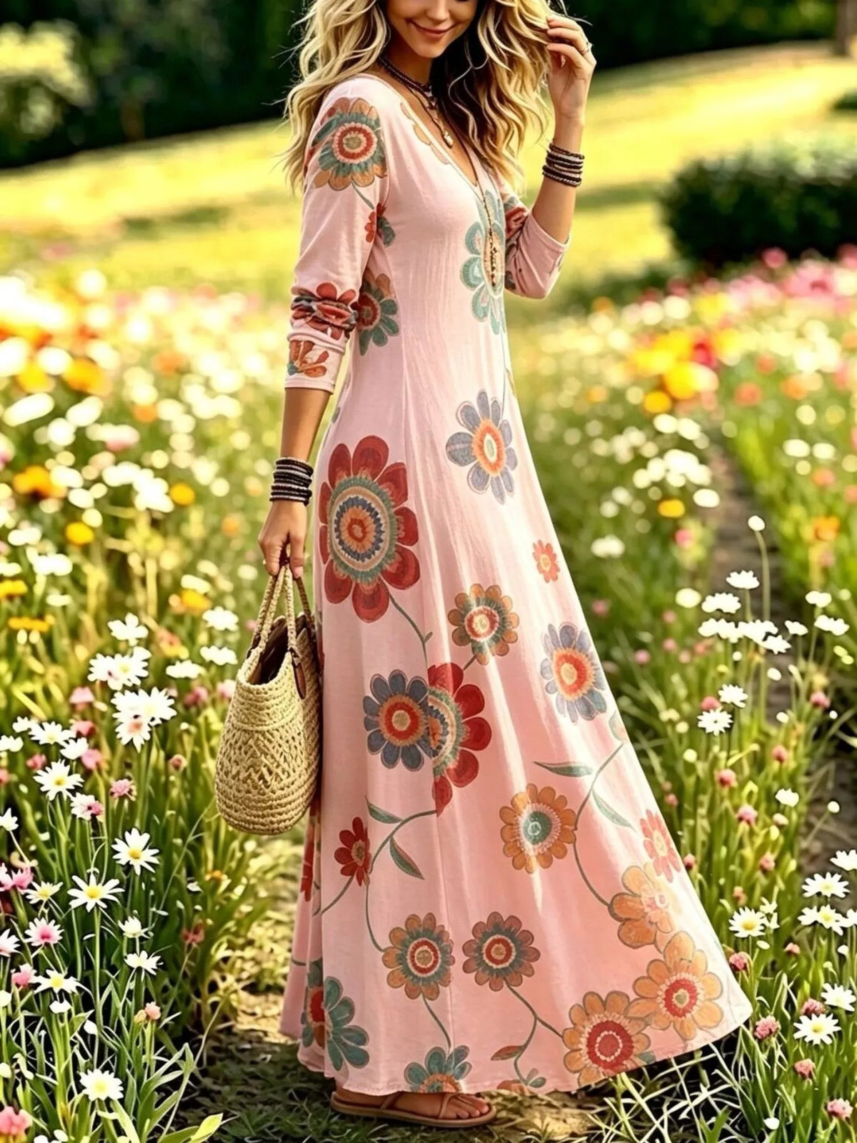 Floral Print V-Neck Long Sleeve Maxi Dress