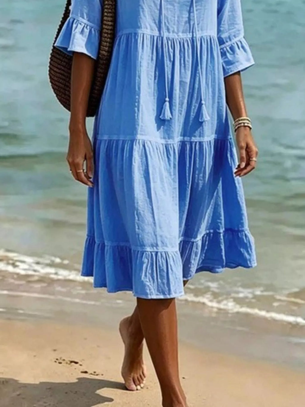 Full Size Tiered Tie Neck Flounce Sleeve Dress Plus Size - Lilixa.store