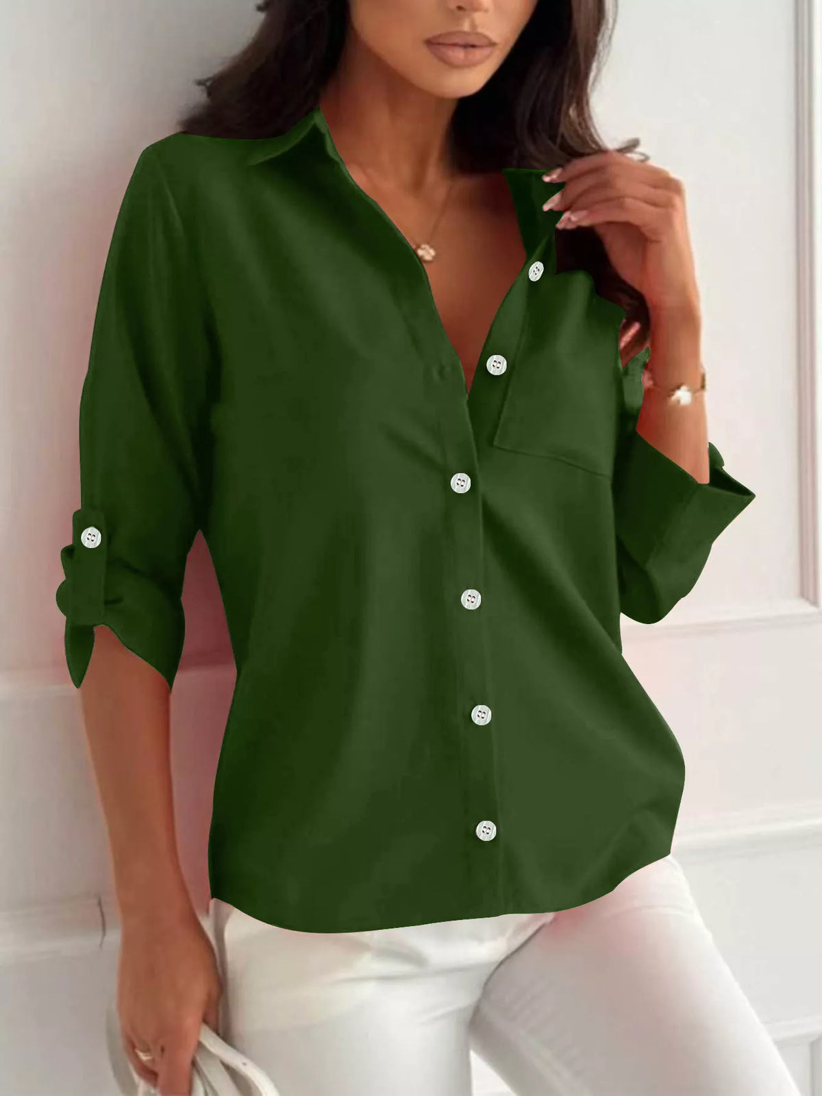Button-Down Roll-Up Sleeve Shirt in Green