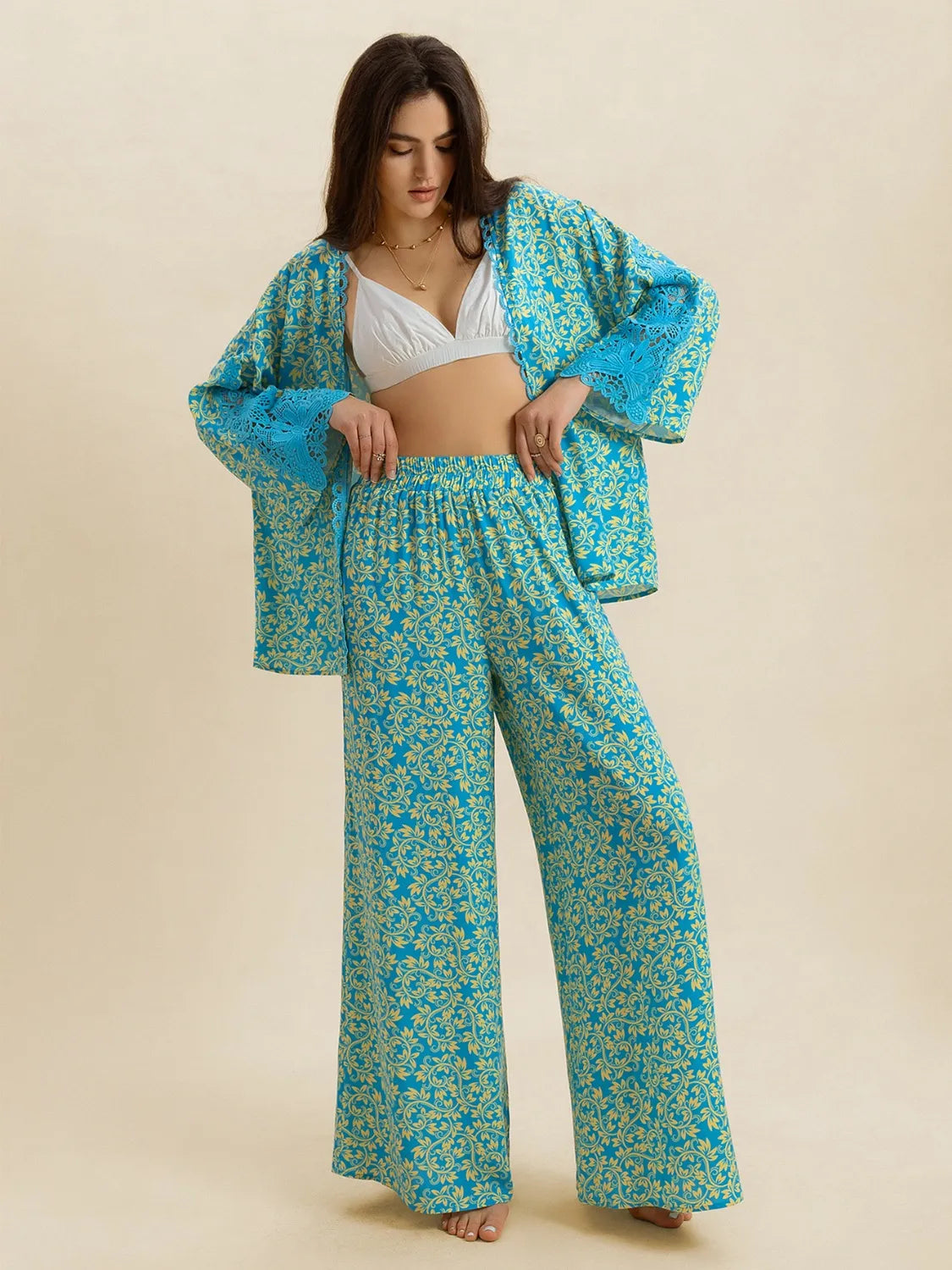 Open Front Printed Top and Pants Set - Lilixa.store