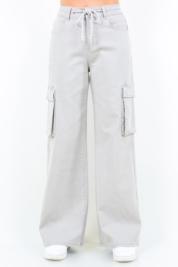 American Bazi Full Size Drawstring Wide Leg Cargo Pants Plus Size in Light Gray