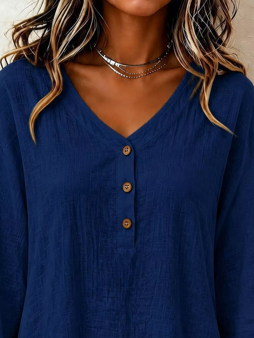 V-Neck Long Sleeve Button Detail Ruffled Hem Blouse - Lilixa.store