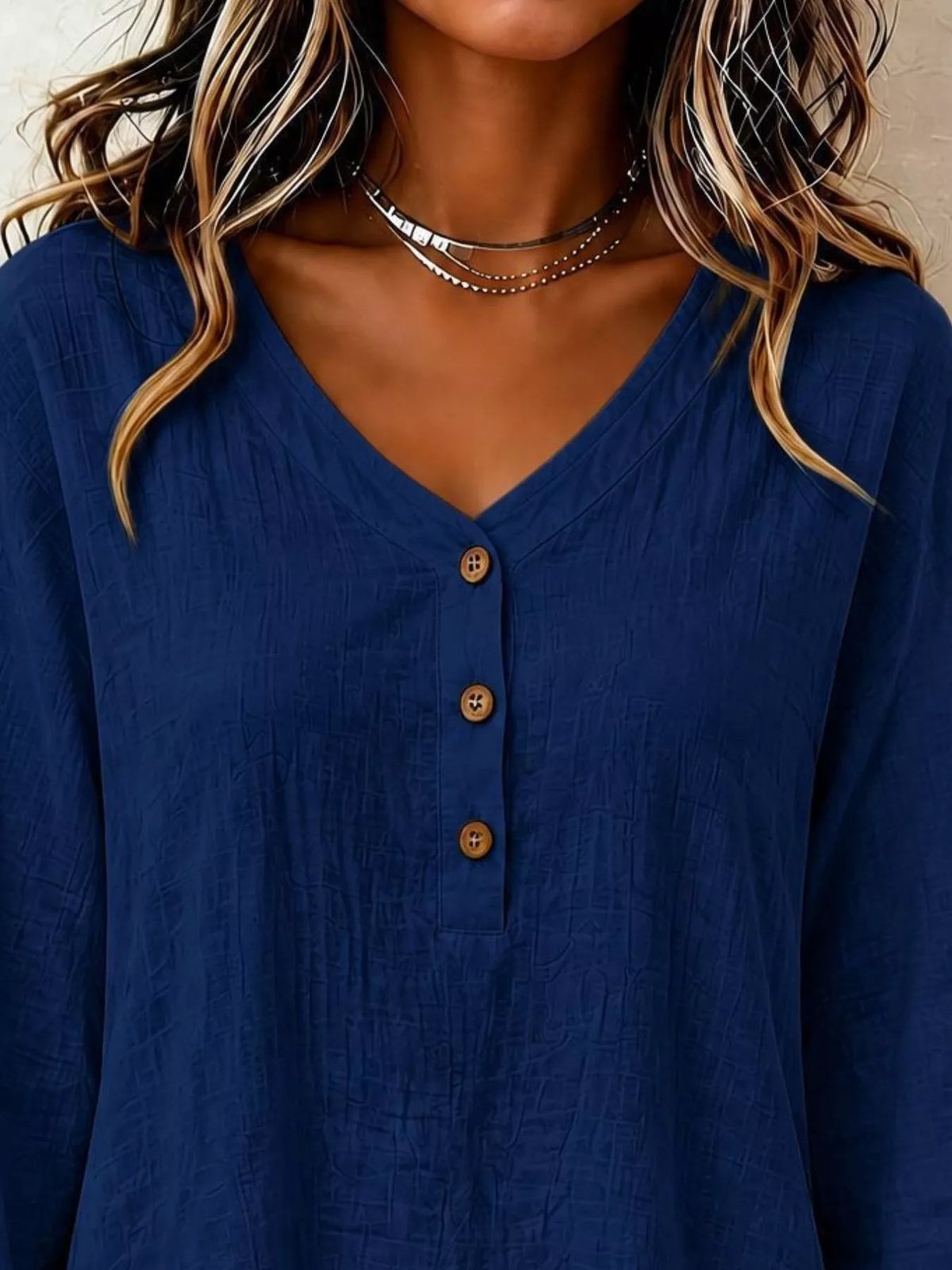 V-Neck Long Sleeve Button Detail Ruffled Hem Blouse, view 3