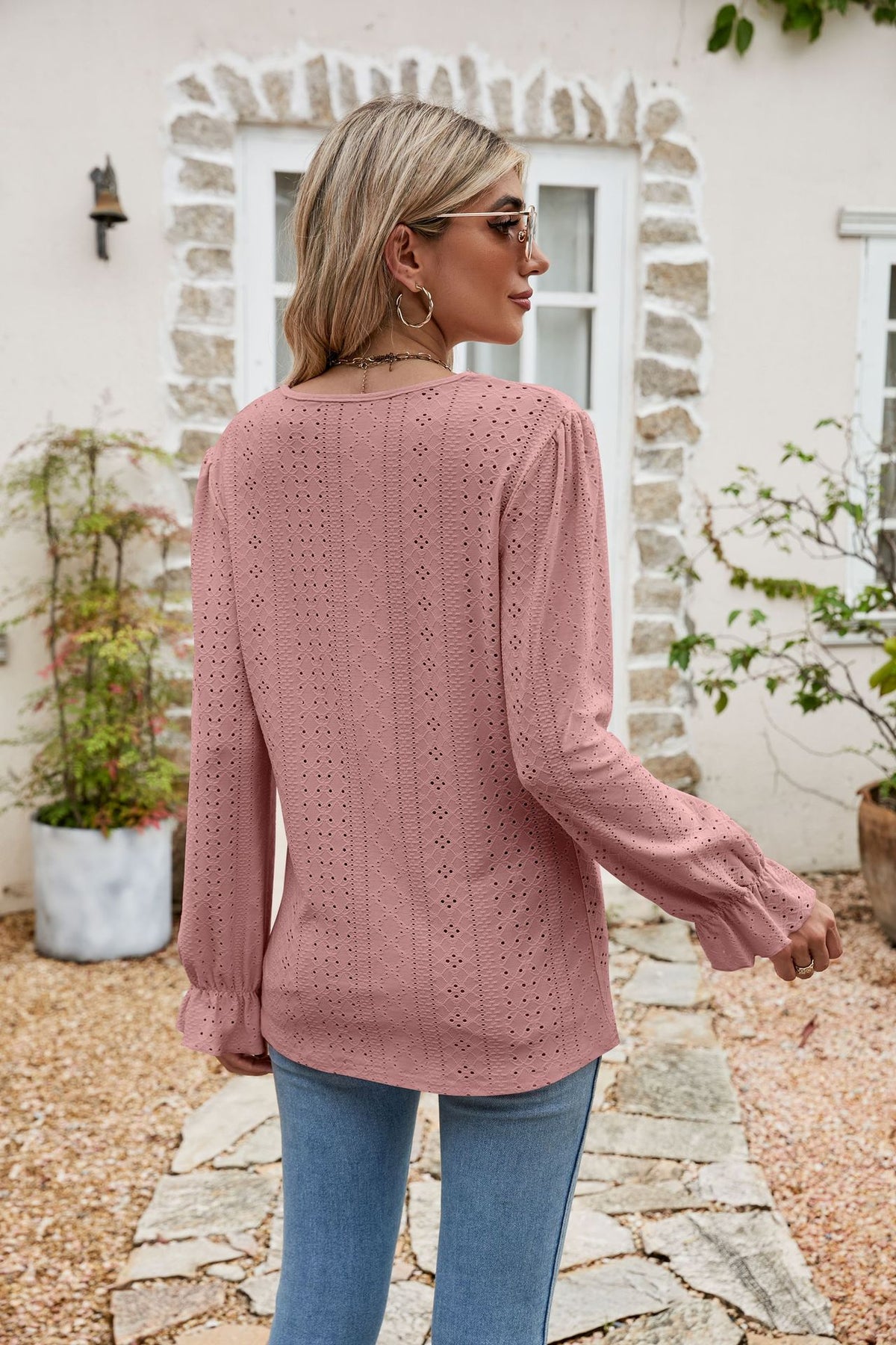 Eyelet Lace Trim Flounce Sleeve Blouse, view 12
