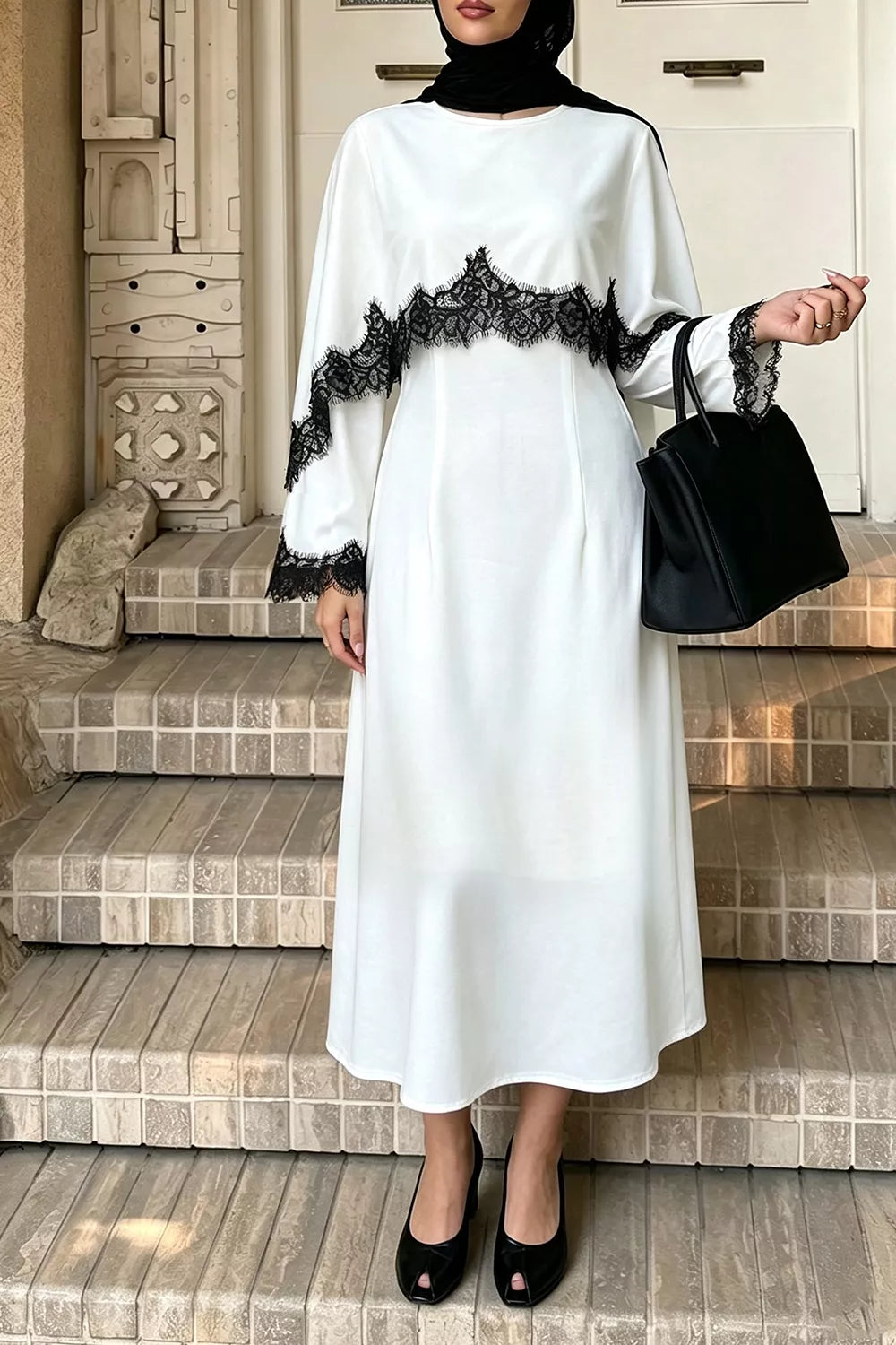 Lace Trim Round Neck Midi Dress - Lilixa.store