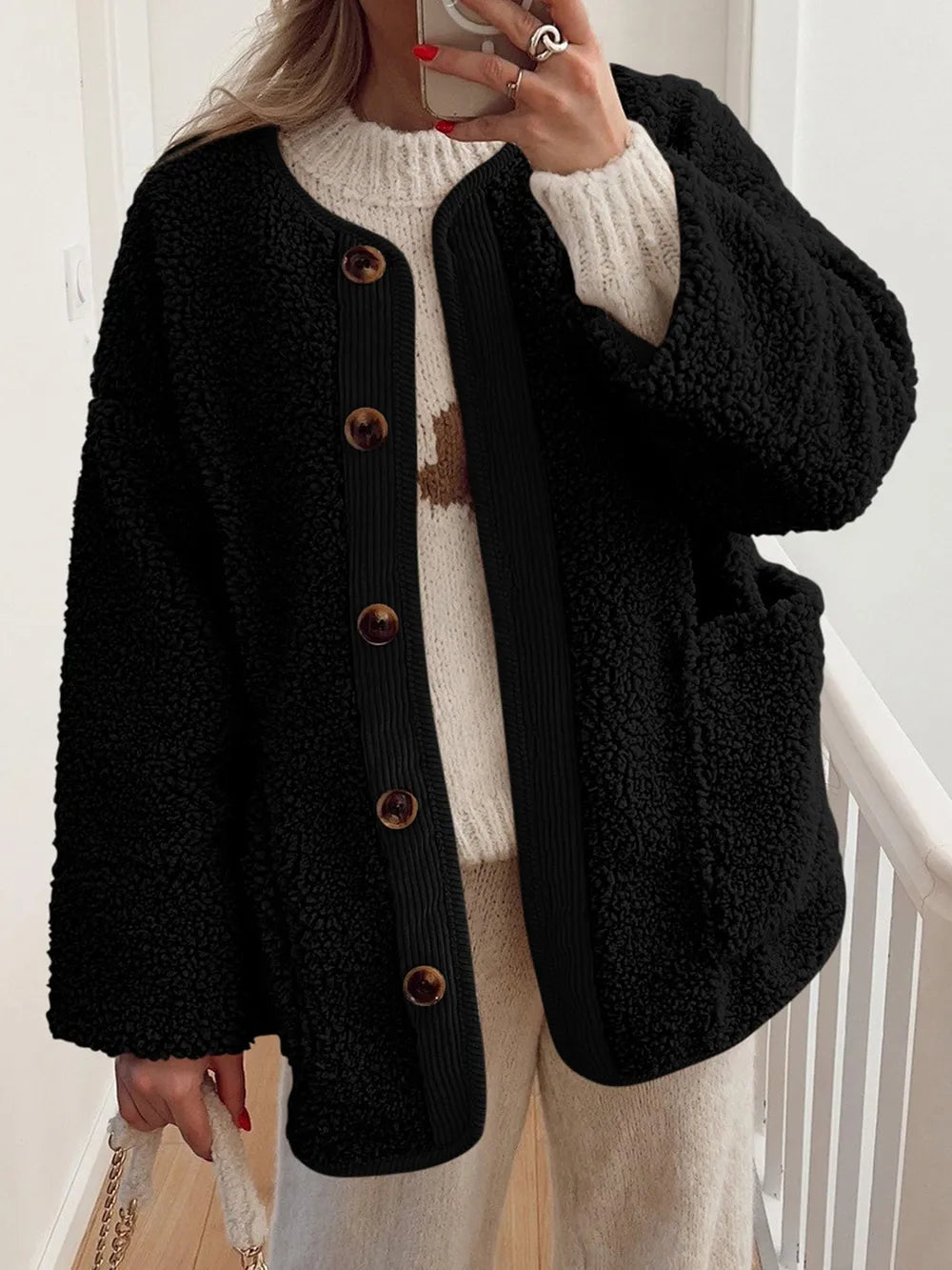 Contrast Button Up Sherpa Jacket with Pockets in Black