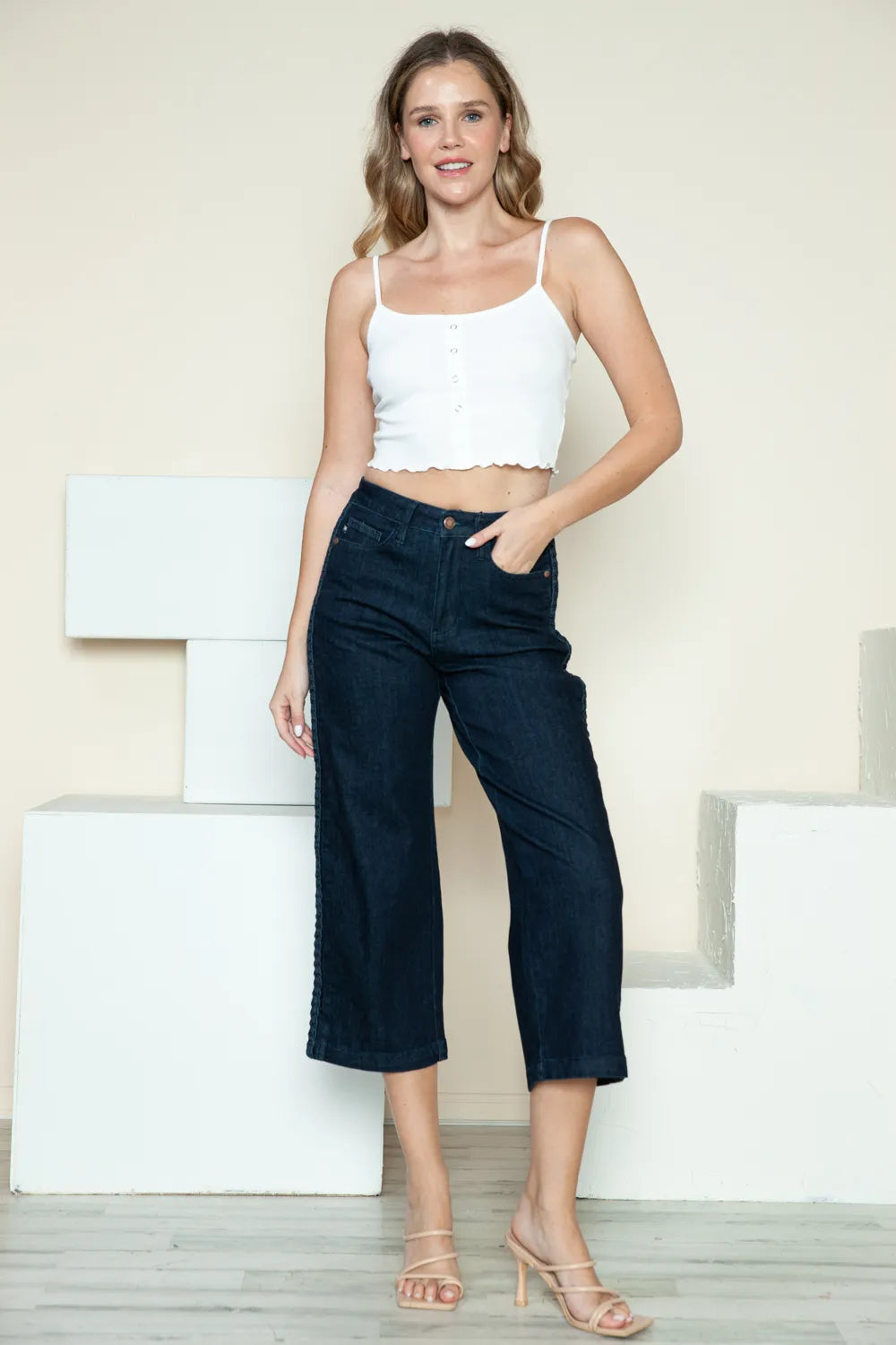 Judy Blue Full Size Side Seam Braid Detail Crop Wide Leg Jeans - Lilixa.store