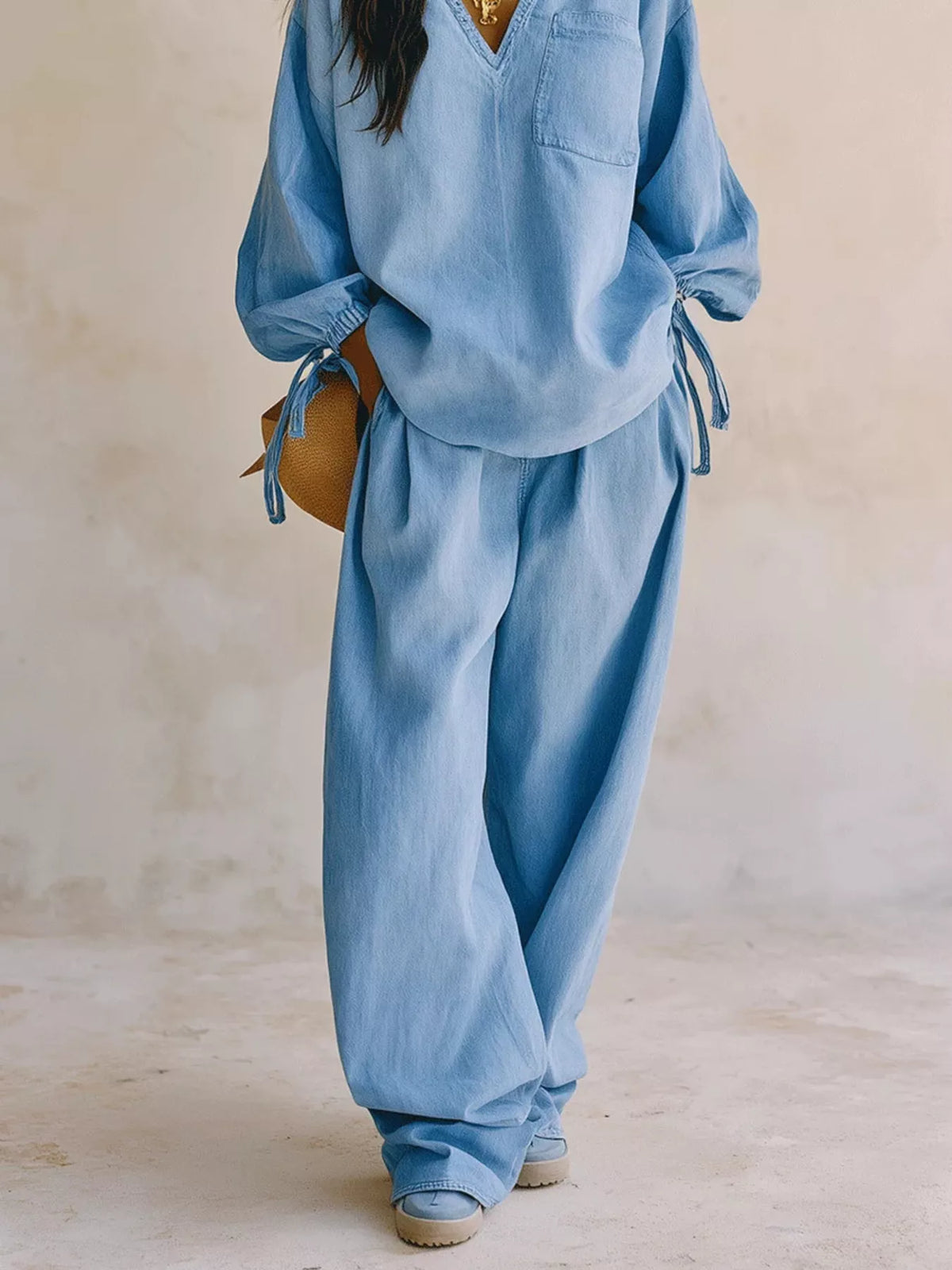 Relaxed Fit Drawstring Sleeve Detail Top and Pants Denim Set in Light Blue