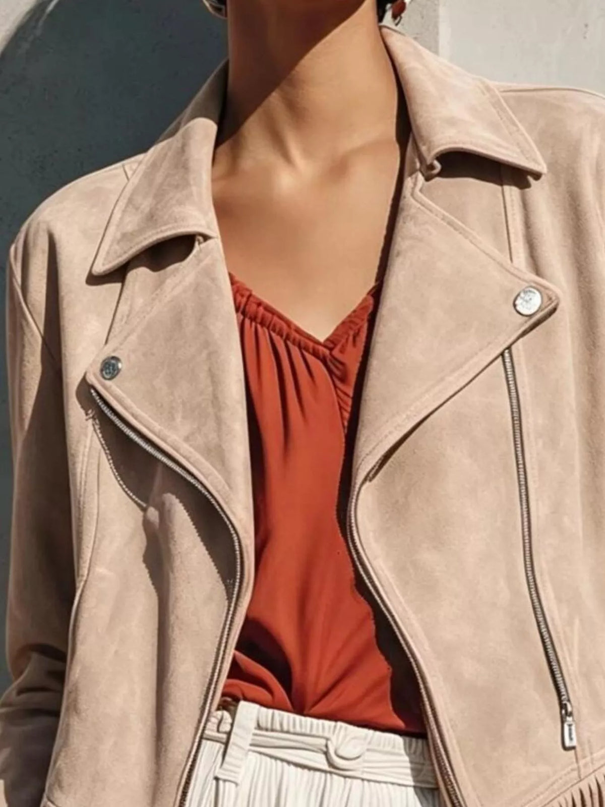 Faux Suede Fringe Moto Jacket, view 2