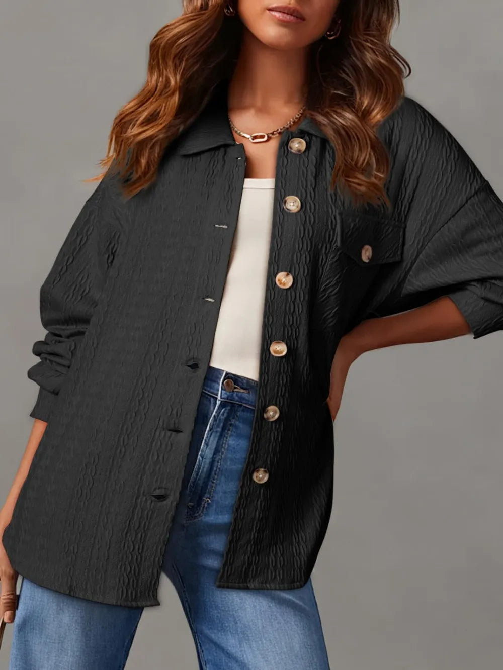 Textured Button Up Long Sleeve Shacket, view 8