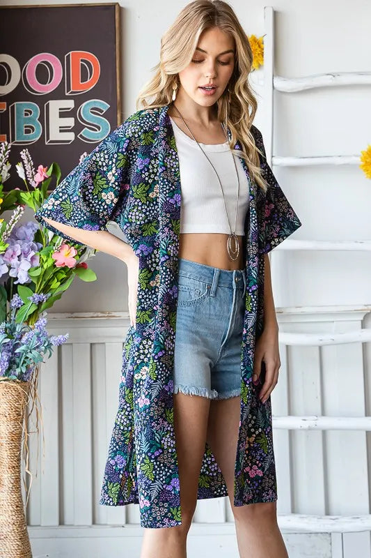Heimish Full Size Half Sleeve Floral Open Cardigan Plus Size in Navy, view 10