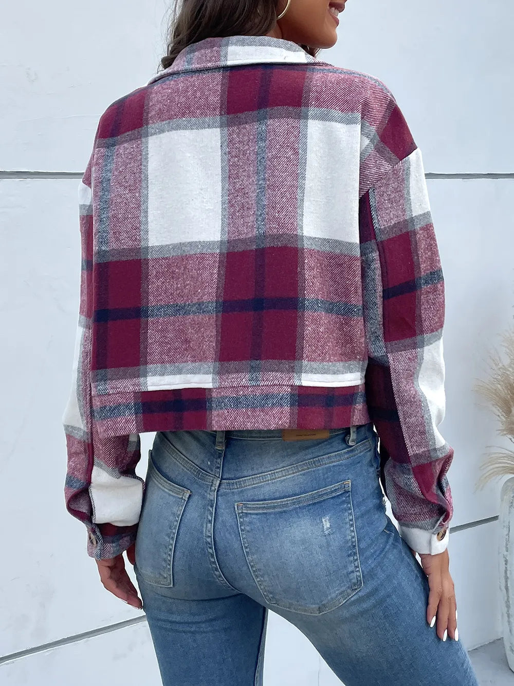 Perfee Plaid Button Up Drop Shoulder Cropped Jacket, view 23