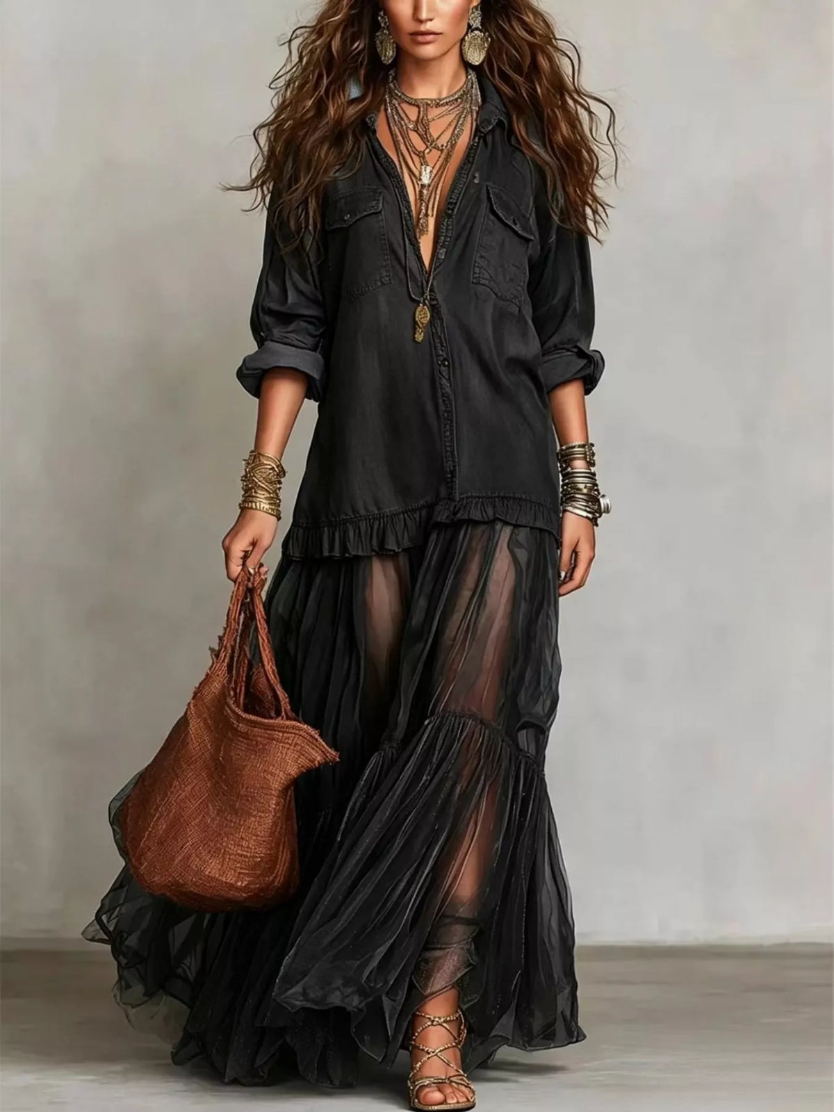 Full Size Tiered Long Sleeve Denim Shirt Maxi Dress Plus Size - Lilixa.store