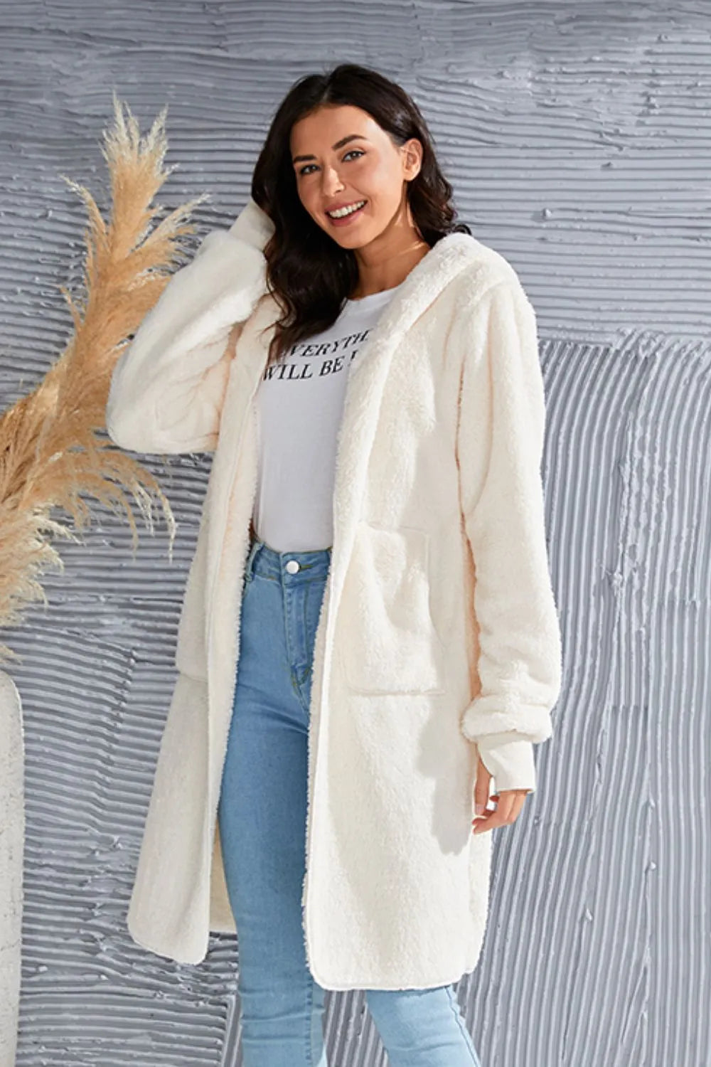 Double Take Full Size Hooded Teddy Bear Jacket with Thumbholes - Lilixa.store