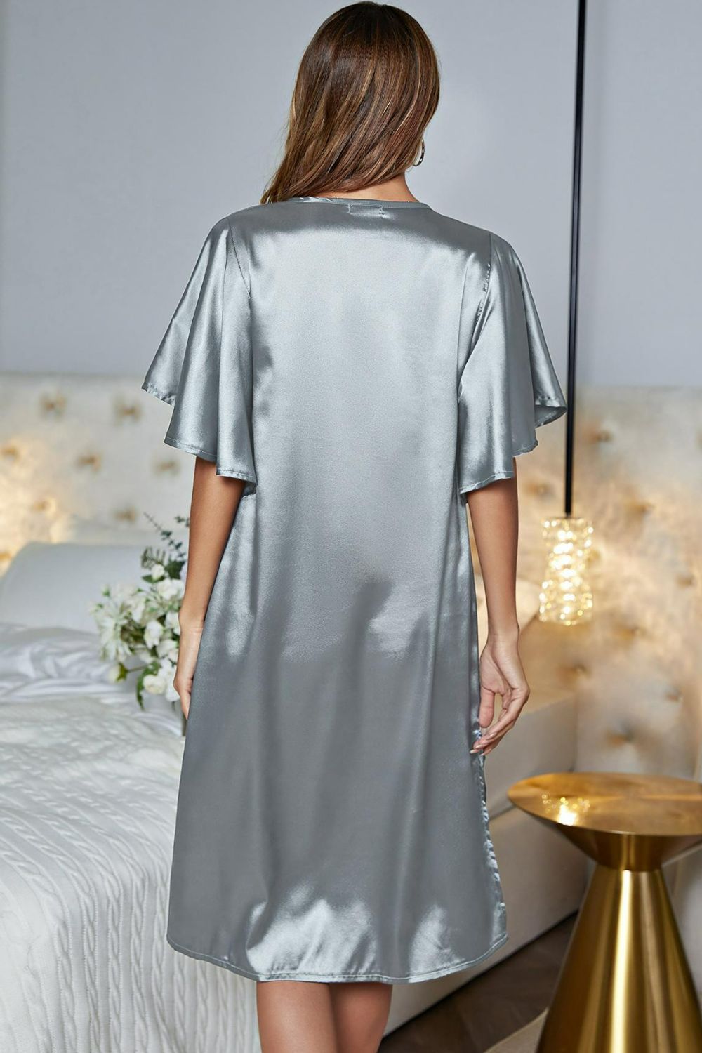 Satin Flutter Sleeve Side Slit V-Neck Night Dress - Lilixa.store