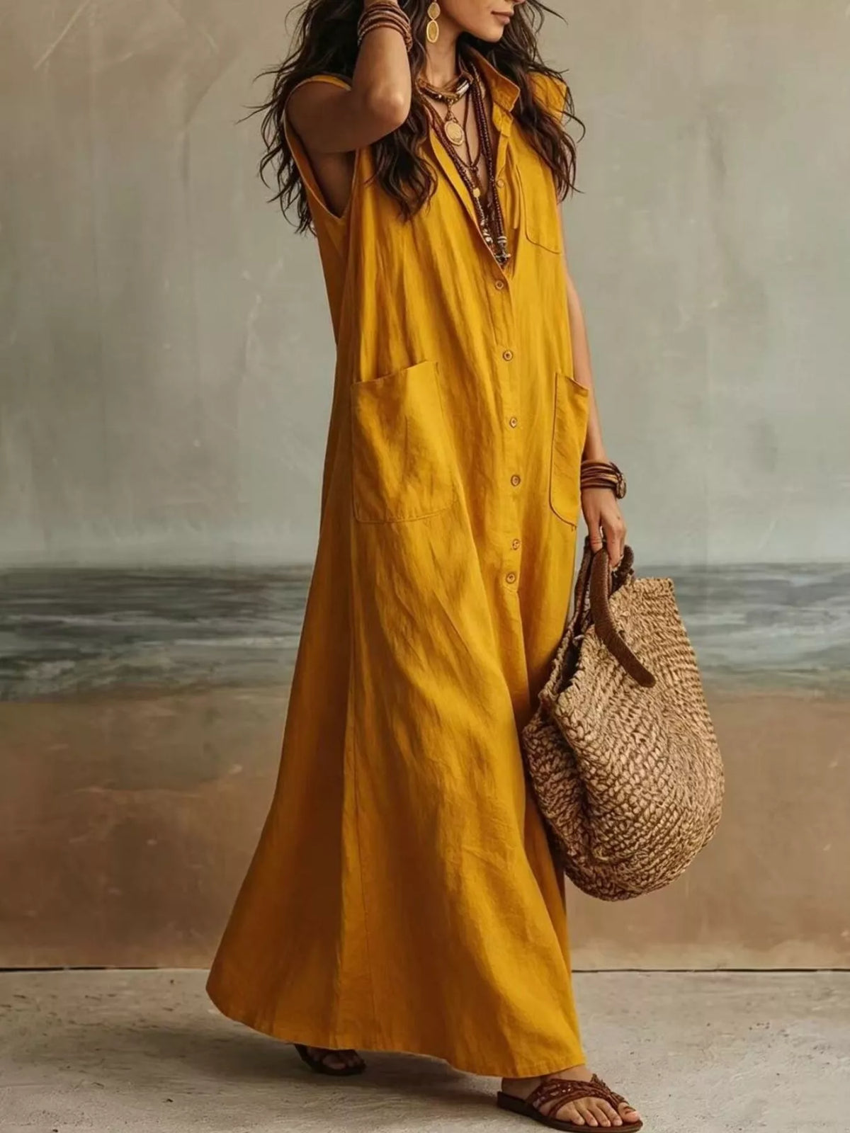 Sleeveless Button-Down Linen Maxi Dress - Lilixa.store