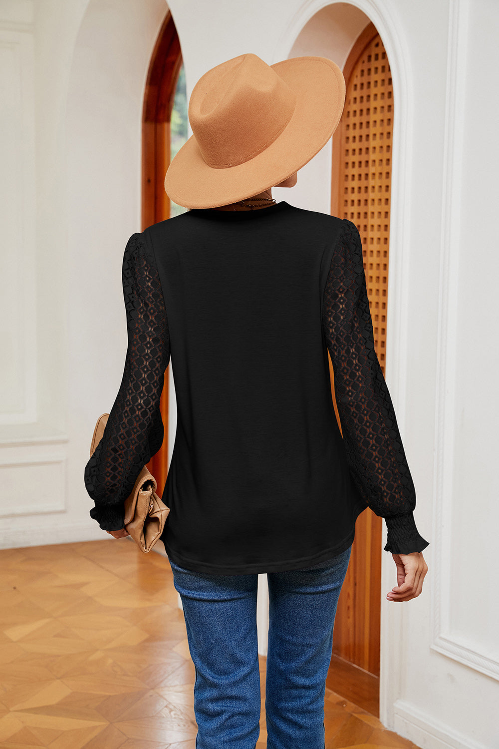Contrast V-Neck Long Sleeve Blouse, view 9