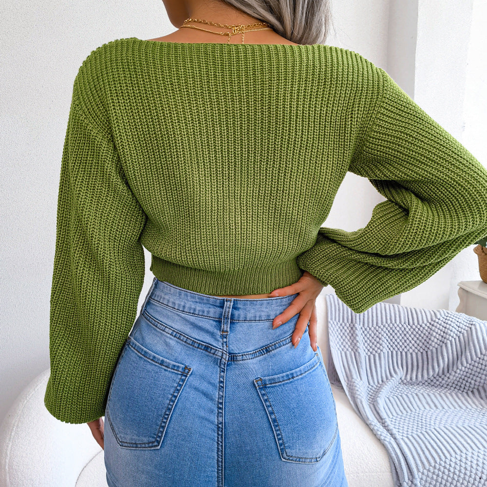 Tie-Front Rib-Knit Cropped Sweater, view 4