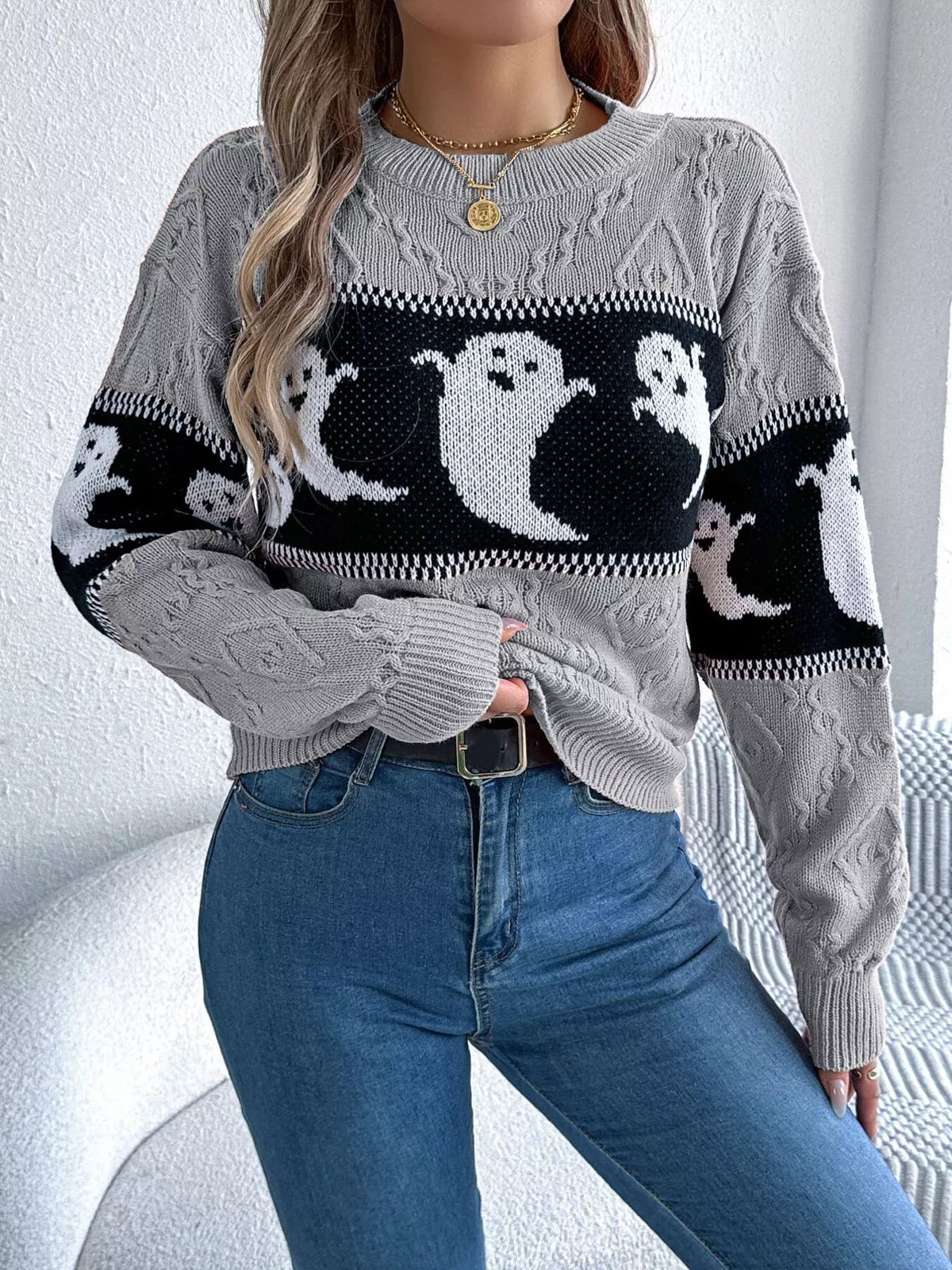 Halloween Ghost Pattern Textured Sweater