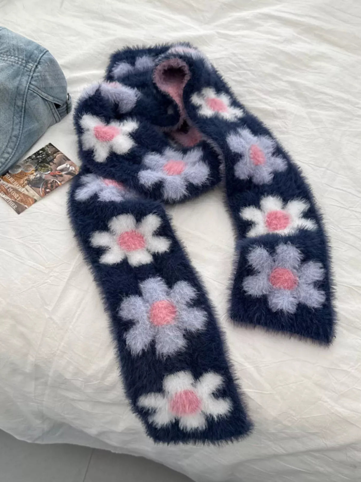 Floral Fuzzy Knit Scarf - Lilixa.store