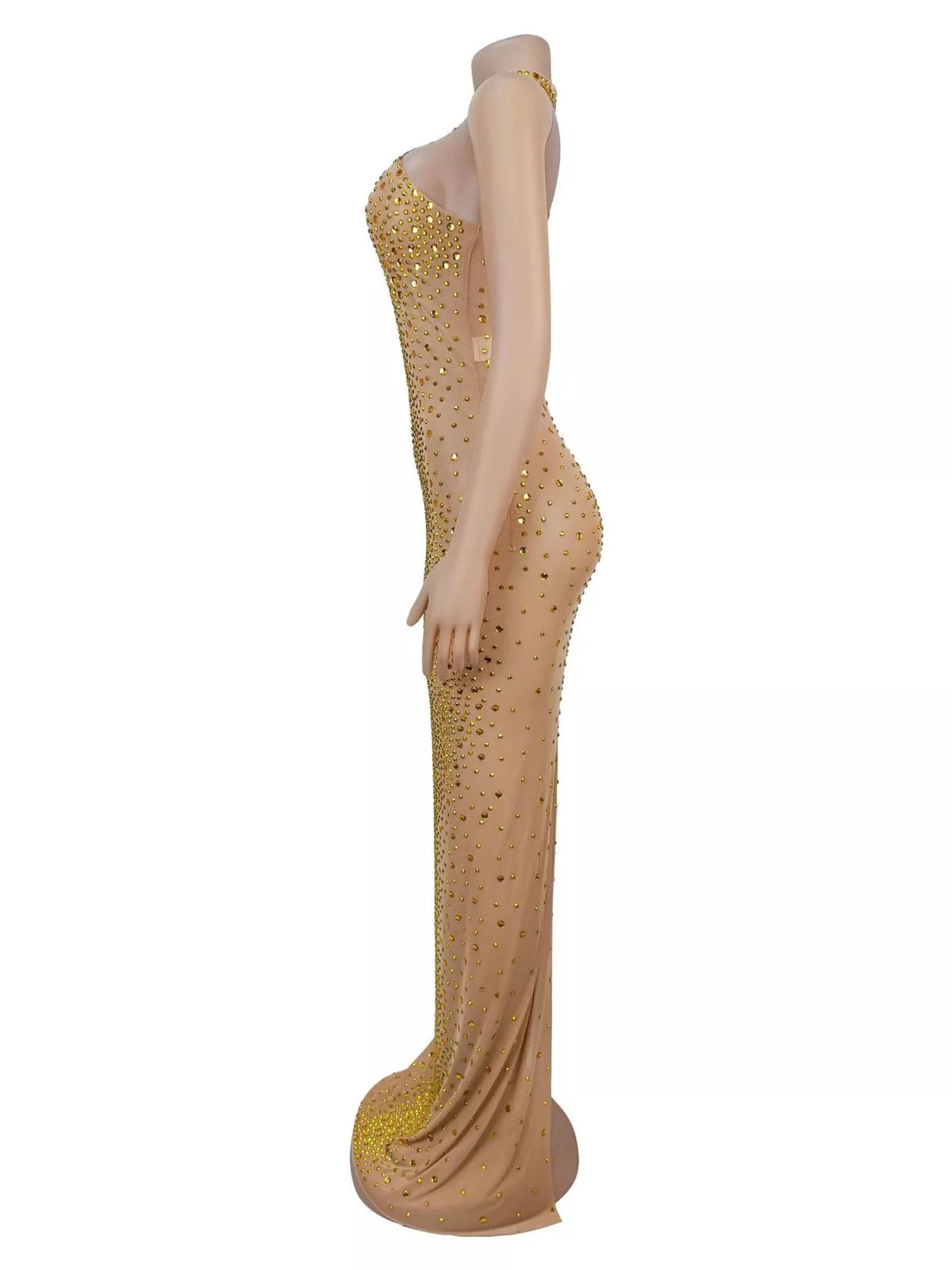 Rhinestone Embellished Mesh Dress with Back Slit in Gold, view 6
