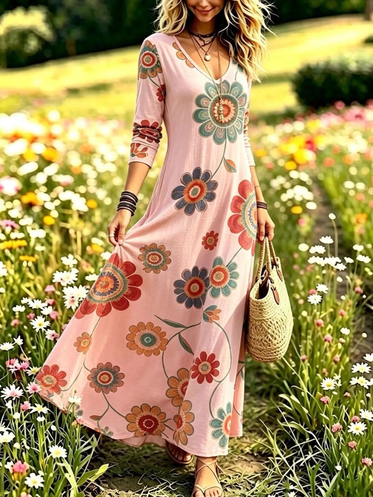 Floral Print V-Neck Long Sleeve Maxi Dress