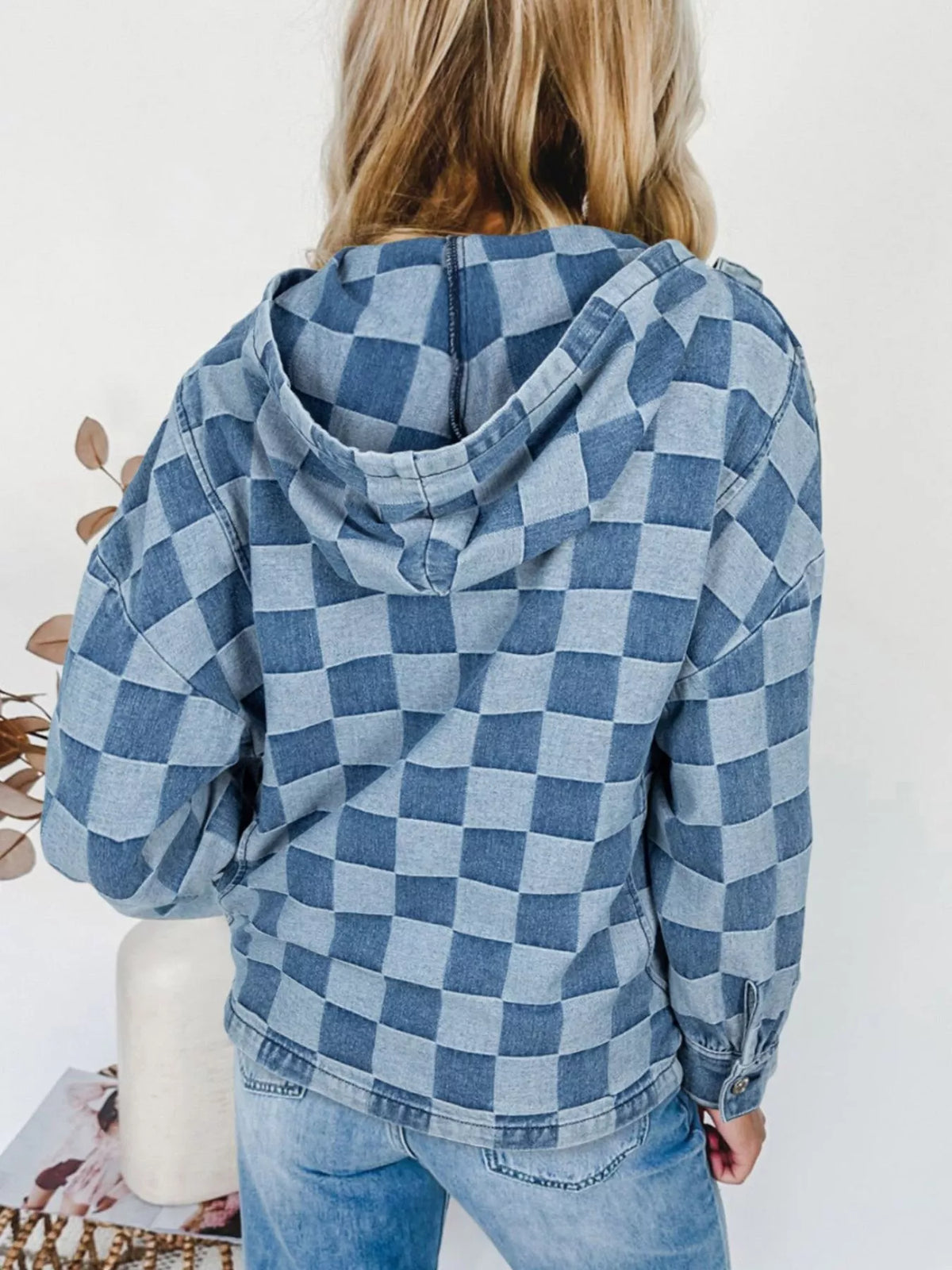 Checkered Half Zip Denim Hoodie Top - Lilixa.store