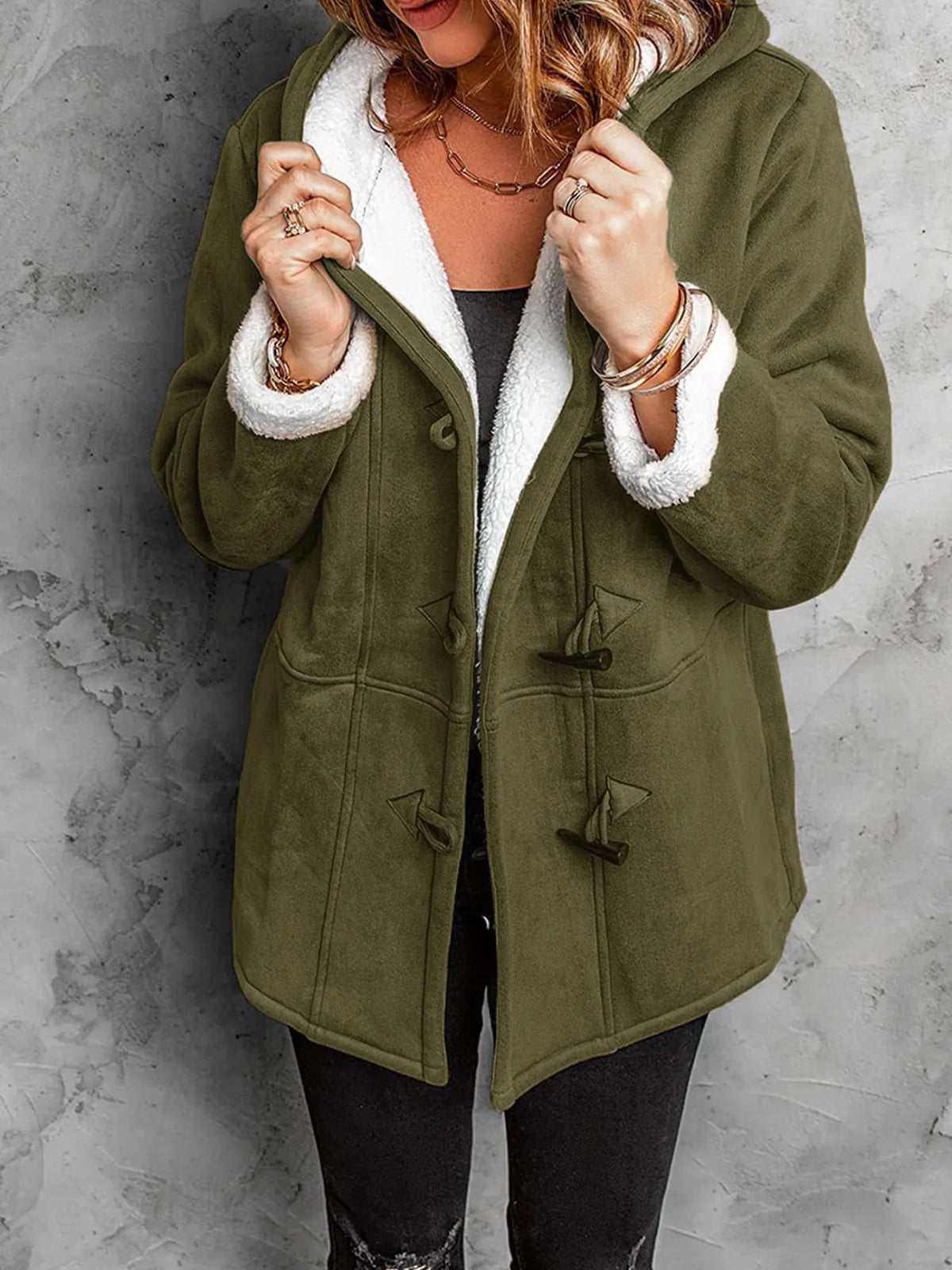 Full Size Cozy Sherpa Lined Toggle Coat with Hood Plus Size in Army Green
