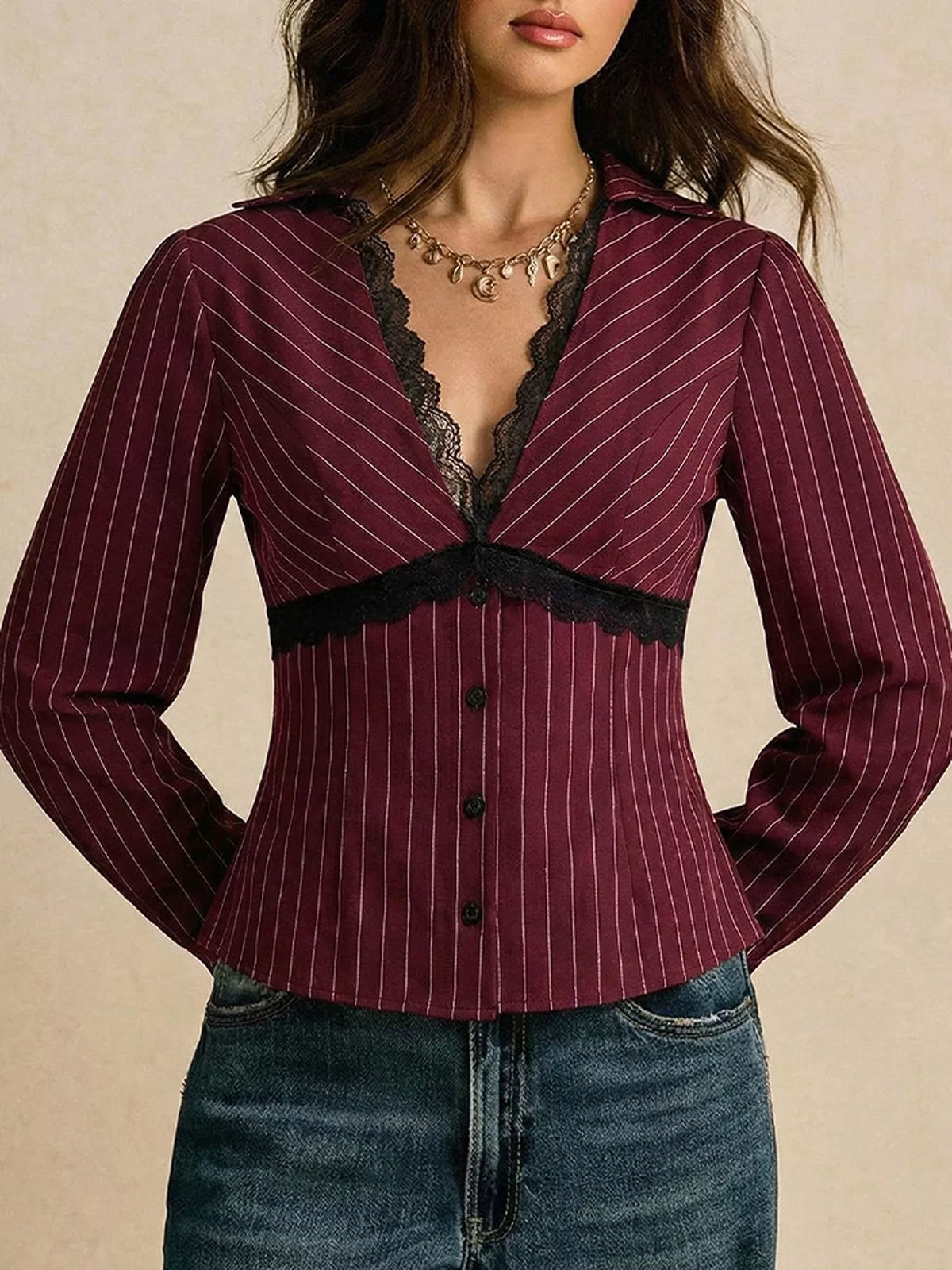 Lace Trim V-Neck Blouse - Lilixa.store