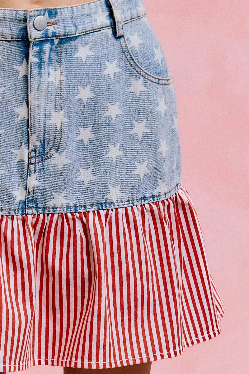 SO ME Stars And Stripes Fit And Flare Denim Mini Skirt - Lilixa.store
