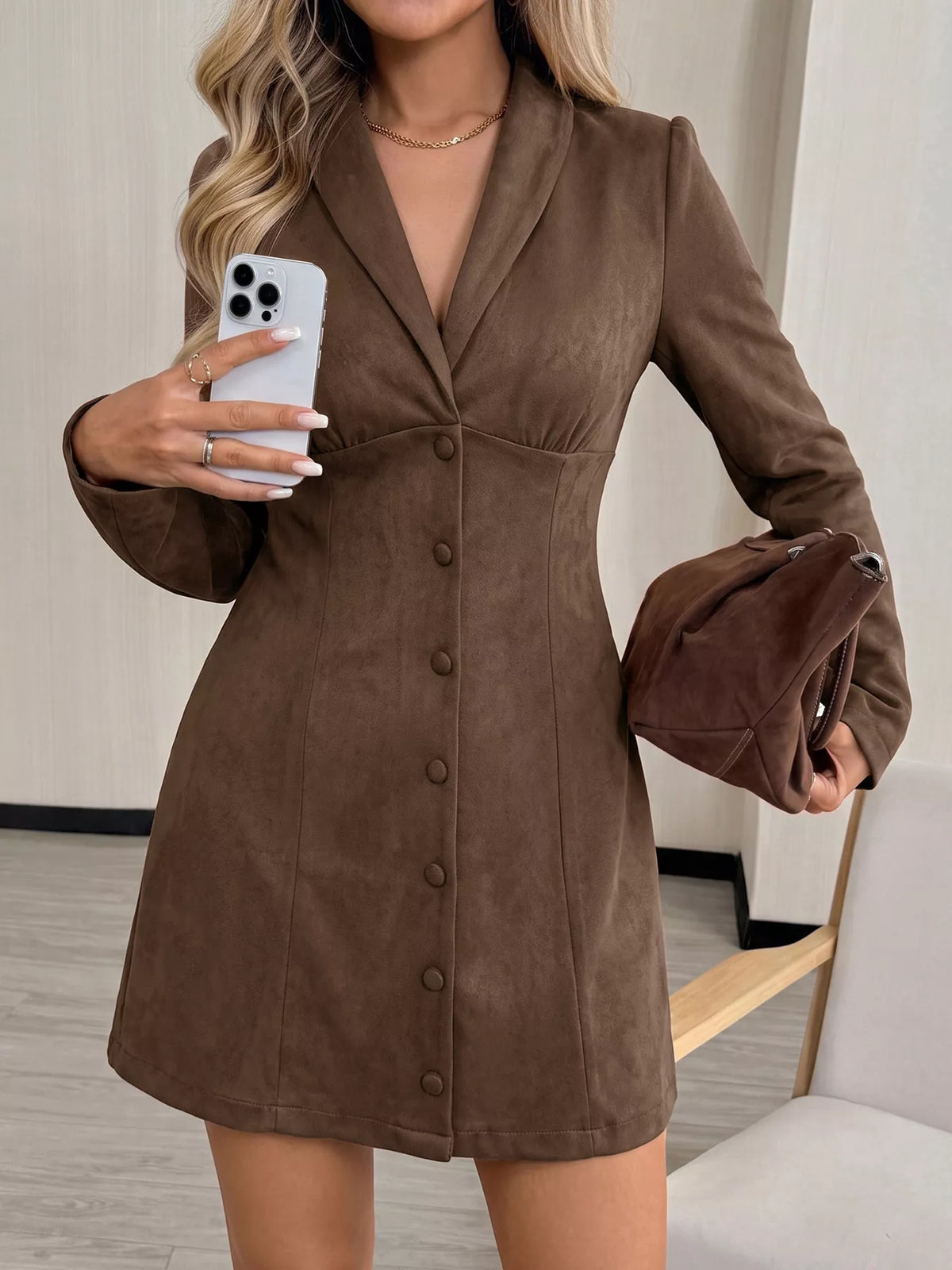 Button-Front Long Sleeve Blazer Dress in Coffee Brown, view 3