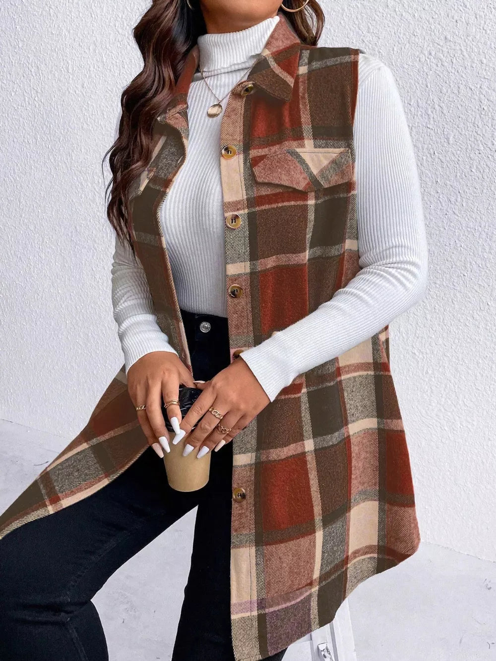 Honey Plus Size Pocketed Plaid Button Up Vest Coat, view 16