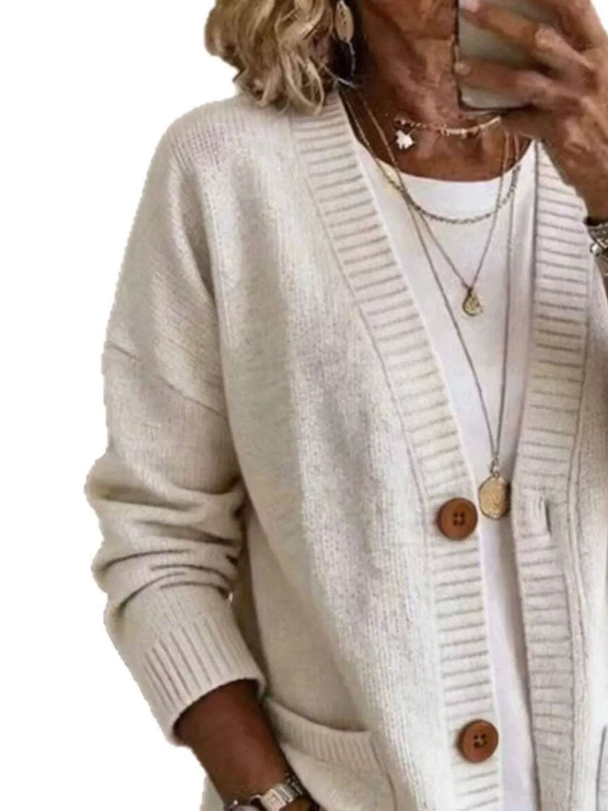 Casual V-Neck Button-Down Knit Cardigan with Pockets, view 2